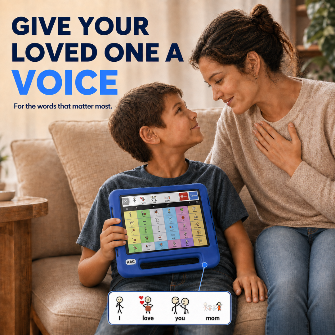Give your loved one a voice. A child and mother share a moment with Talking Tiles displaying I love you mom.