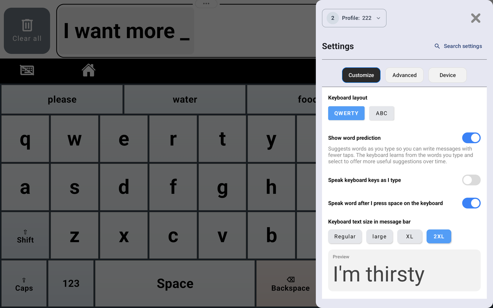Keyboard text size set to 2XL, with enlarged typed text in the Message Bar and a large preview.