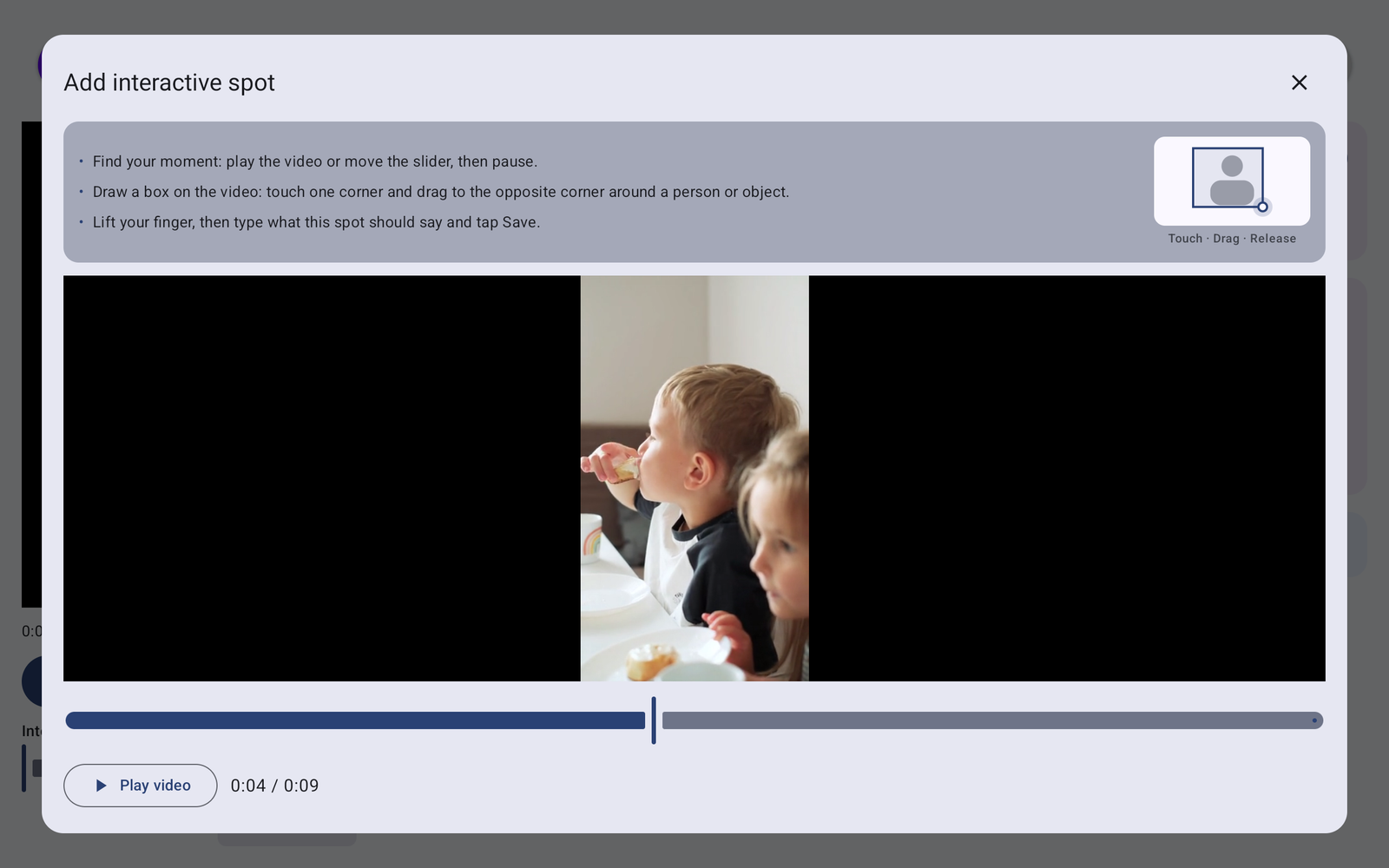 Add interactive spot window showing the paused scene, time slider, and instructions to touch, drag, and release to draw a box.