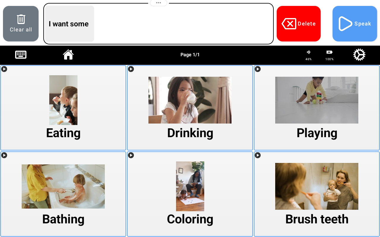 Interactive video tiles for eating, drinking, playing, bathing, coloring and brushing teeth.