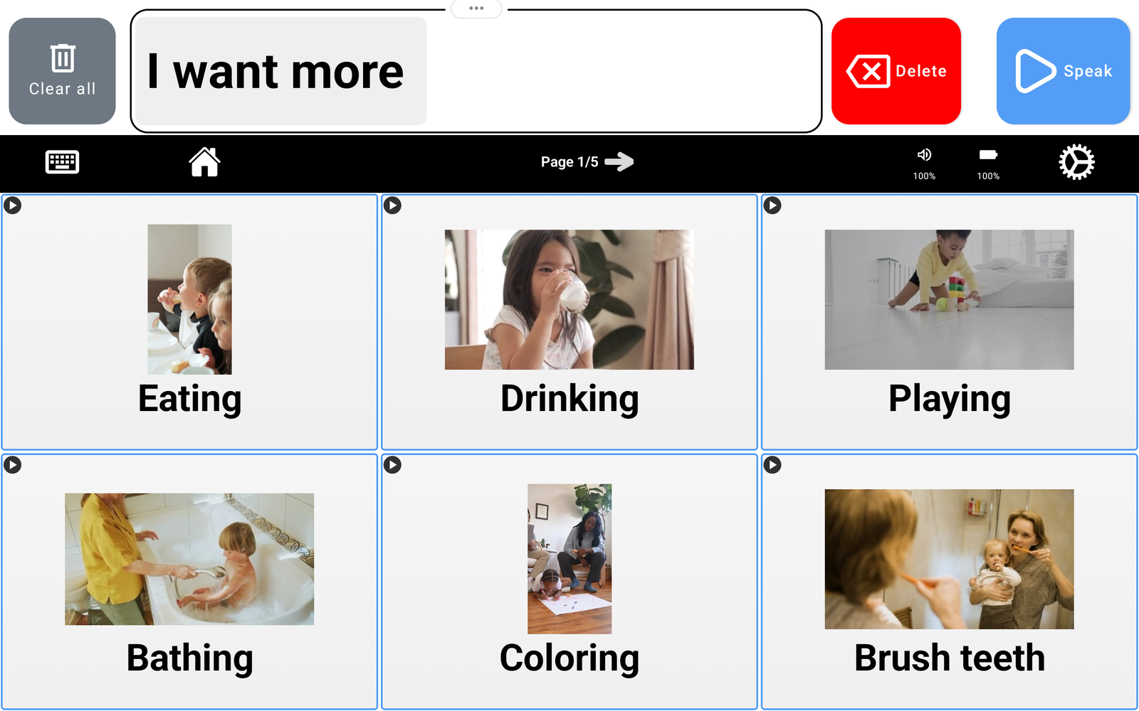 Video activity tiles for Eating, Drinking, Playing, Bathing, Coloring, and Brush teeth.