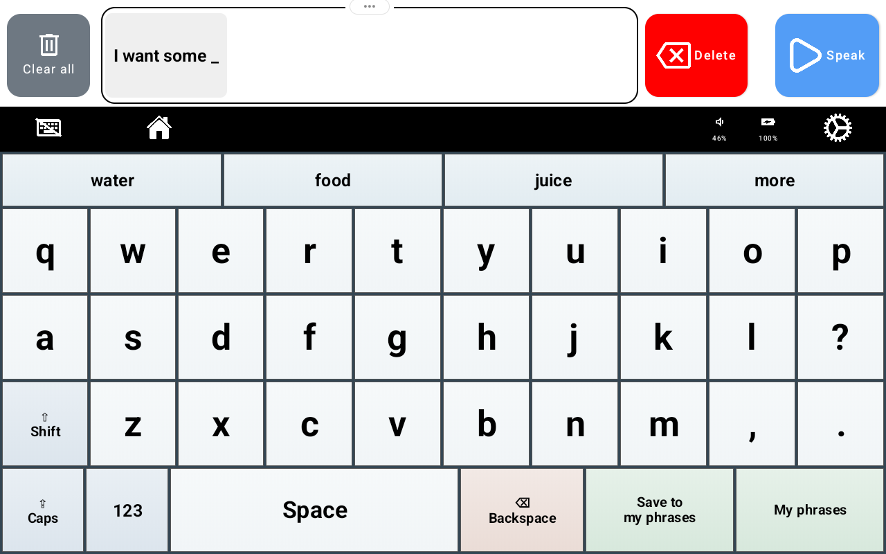 TalkingTiles keyboard offering water, food, juice and more after I want some.