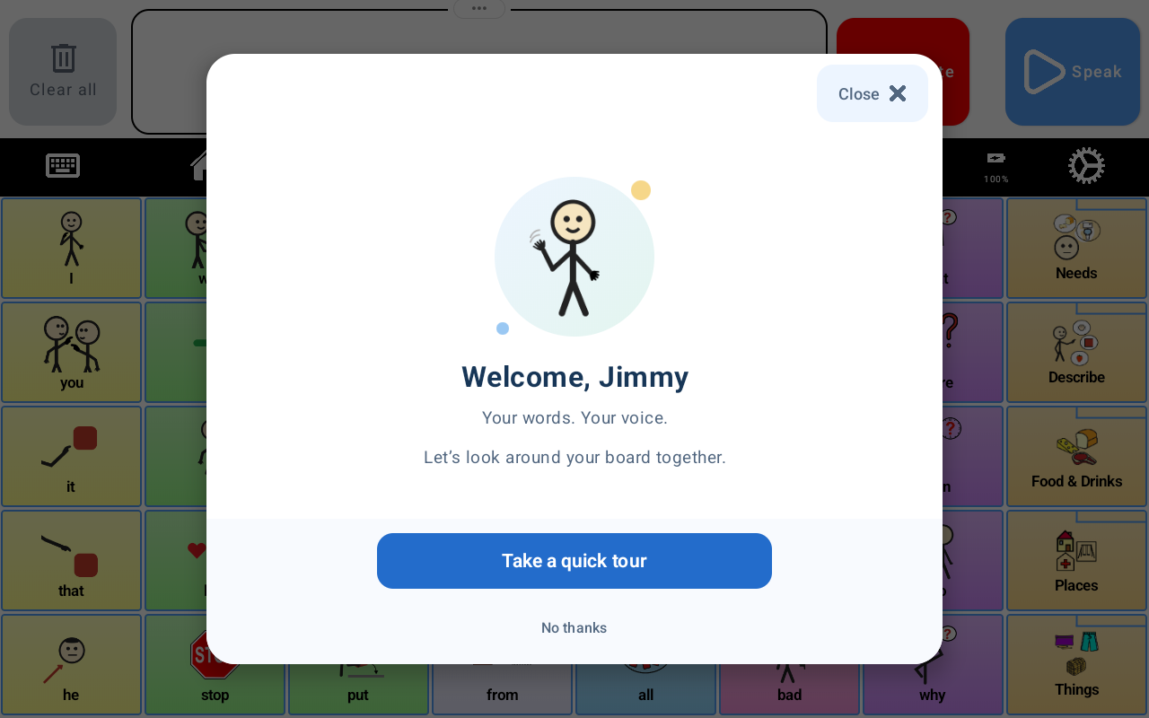 TalkingTiles GEN6 welcome screen offering a quick tour above the communication board.