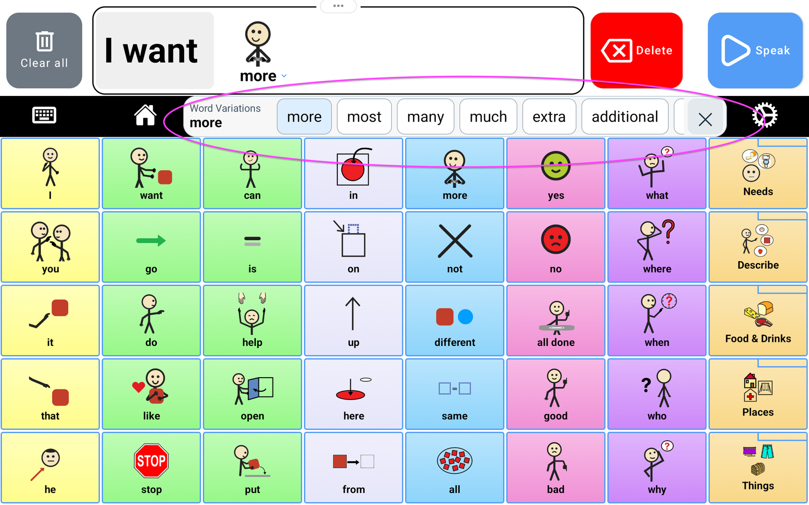 Word Variations choices for more shown in an open panel below the Message Bar, with an X to close.