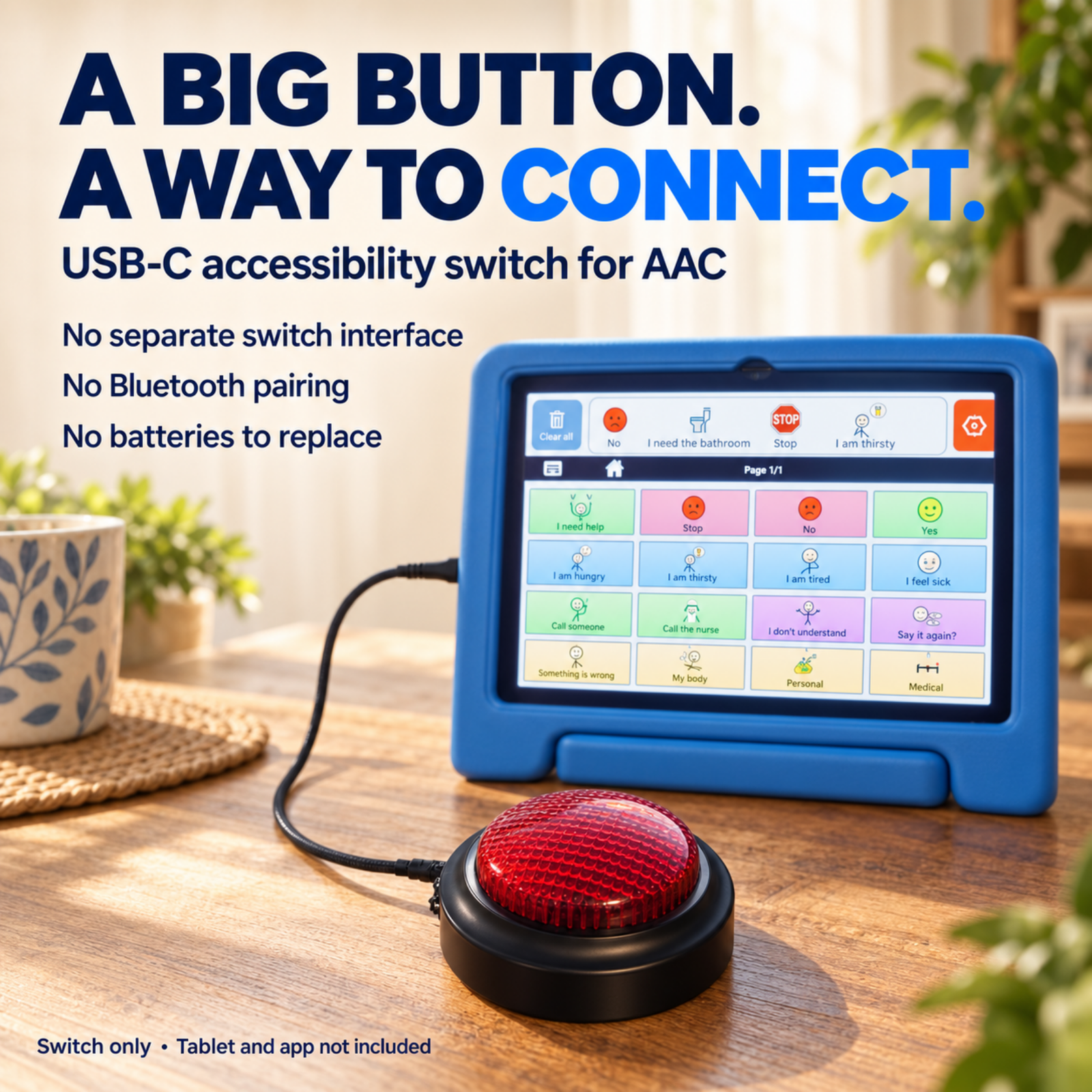 Large red USB-C accessibility switch connected to a TalkingTiles AAC tablet for switch scanning; switch sold separately.
