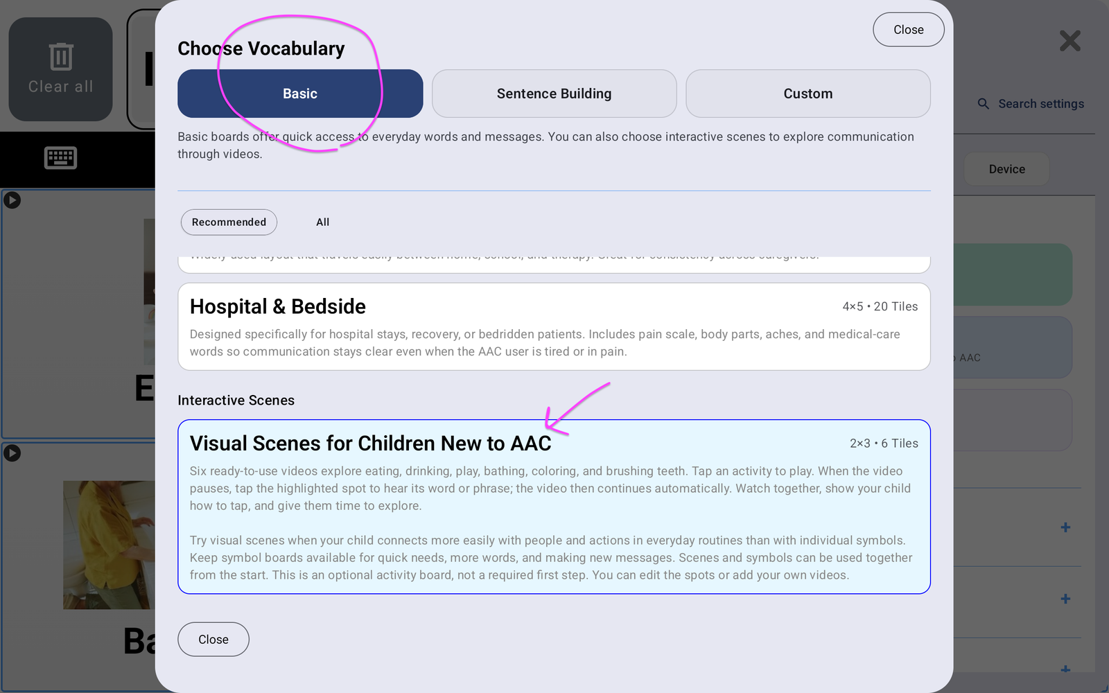 Basic vocabulary screen highlighting Visual Scenes for Children New to AAC under Interactive Scenes.