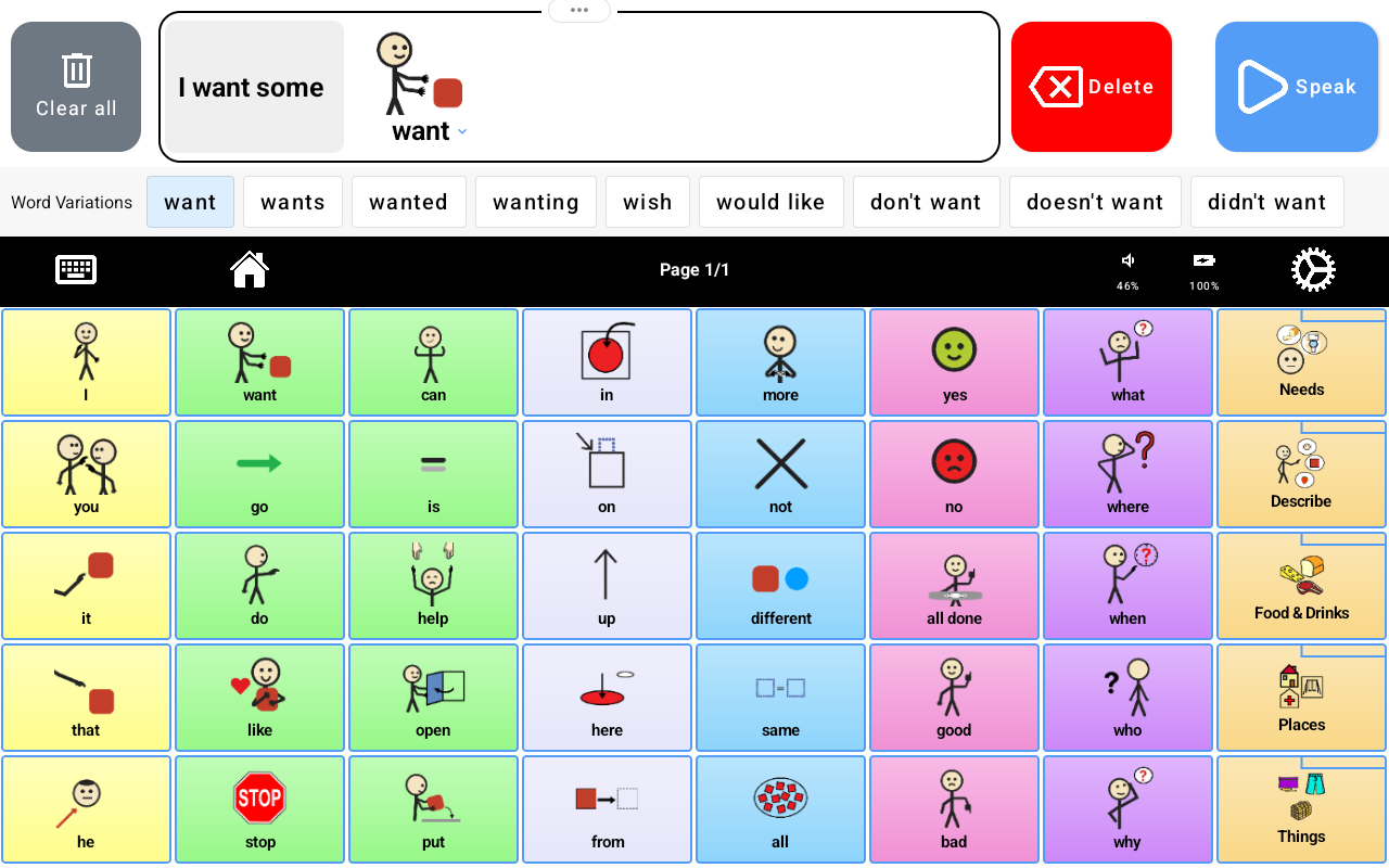 Word Variations bar showing want, wants, wanted, wanting and alternative expressions above the AAC board.