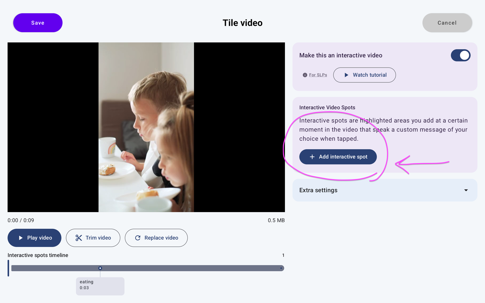 Tile video editor with Make this an interactive video enabled and Add interactive spot circled.