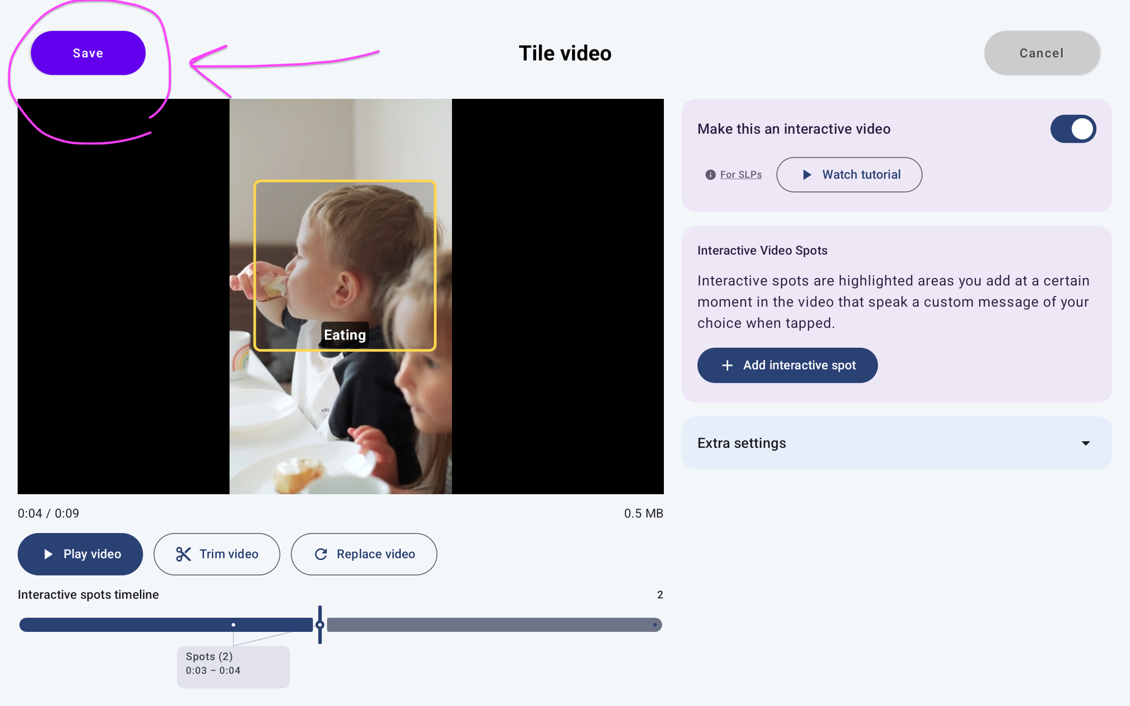 Tile video editor with a saved Eating spot and the top-left purple Save button circled.