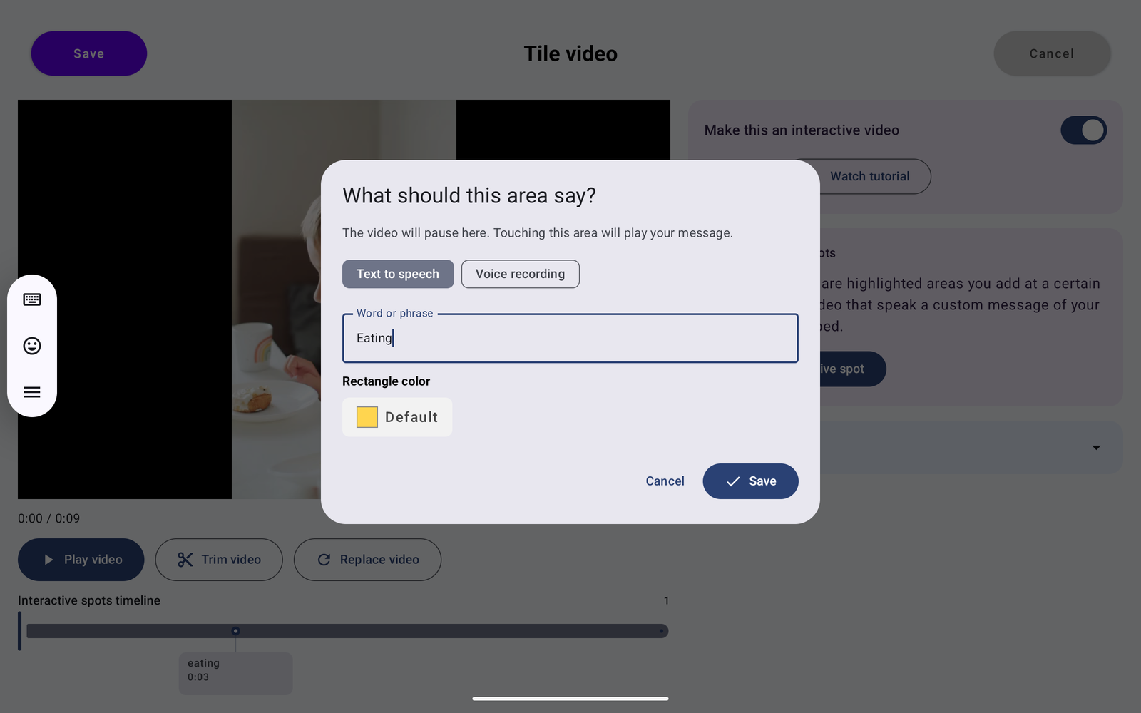 Text to speech spot dialog with Eating entered as the word or phrase and an enabled Save button.
