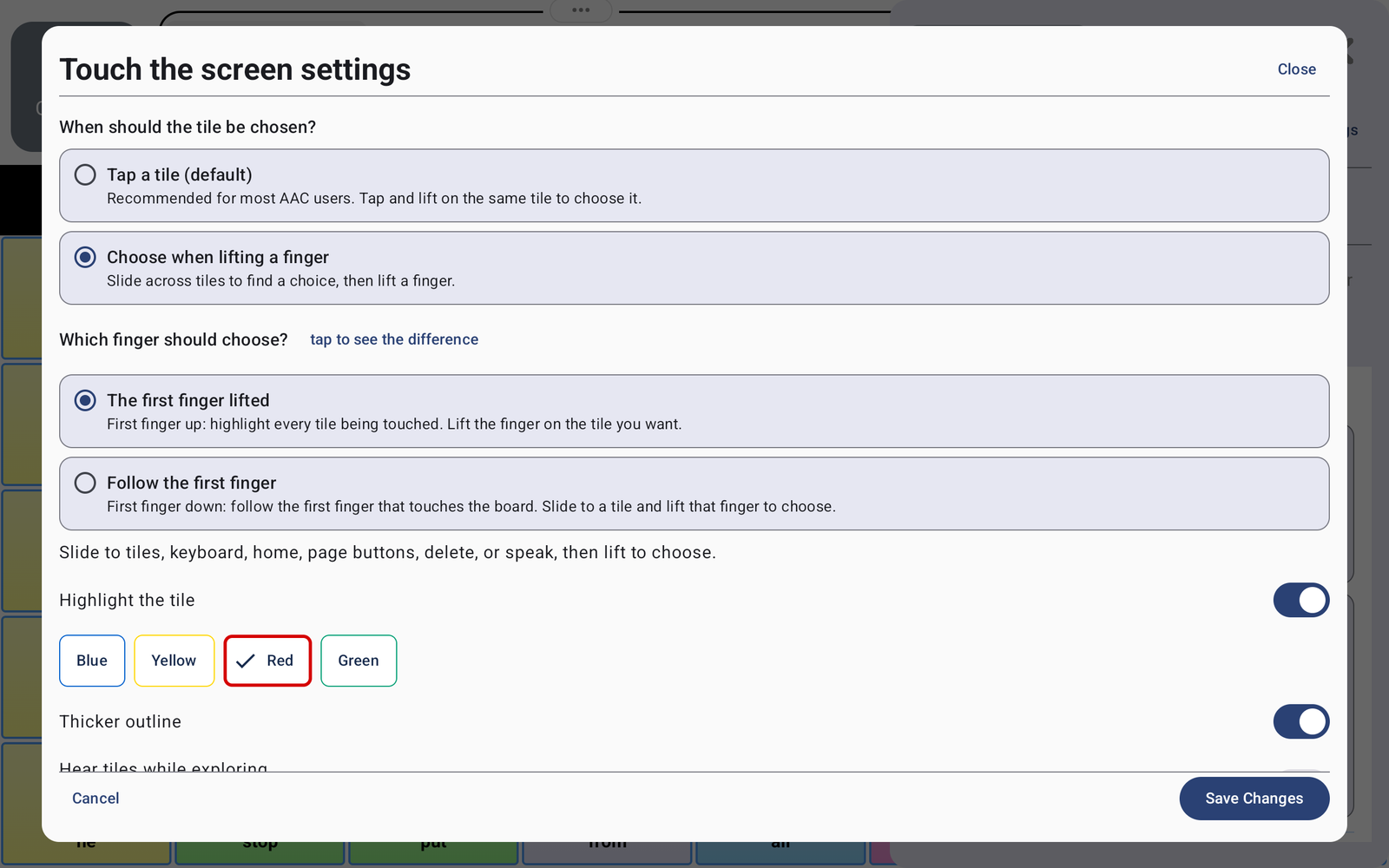 Finger-lift settings with The first finger lifted and Follow the first finger options, highlighting colors, and Save Changes.