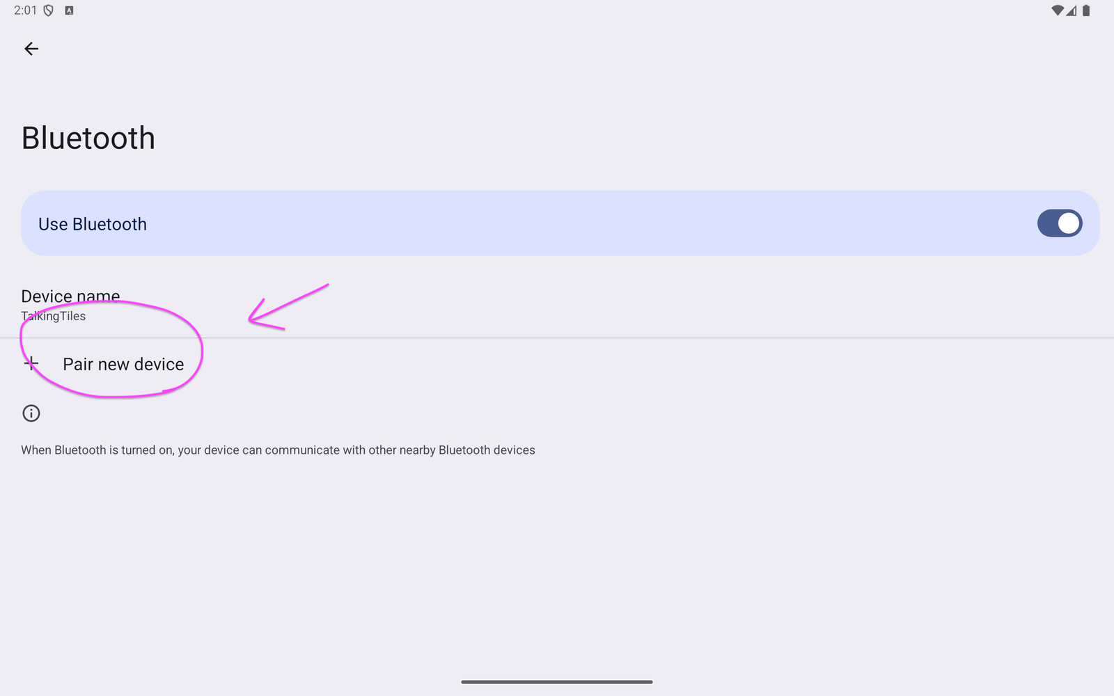 Bluetooth settings with Use Bluetooth on and Pair new device circled.