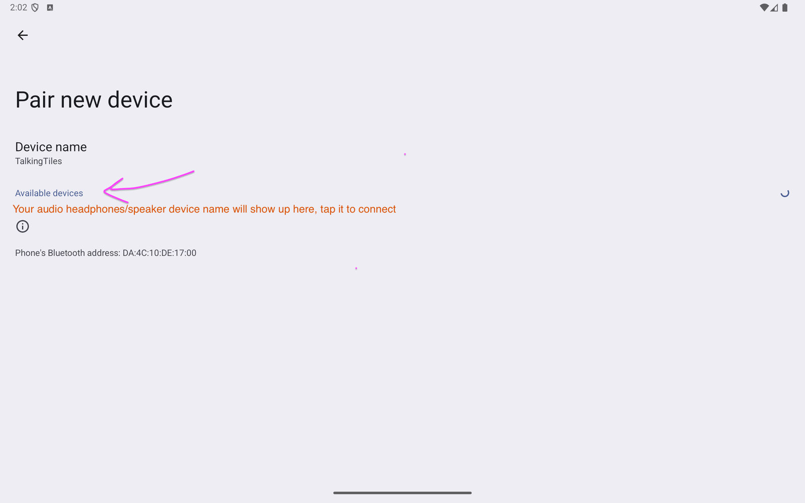 Pair new device screen showing where headphones or a speaker will appear under Available devices.