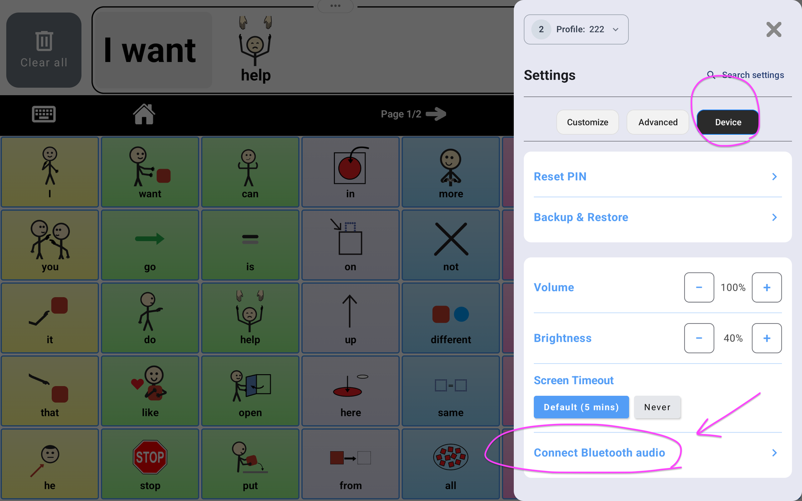 Device tab in TalkingTiles settings with Connect Bluetooth audio circled.