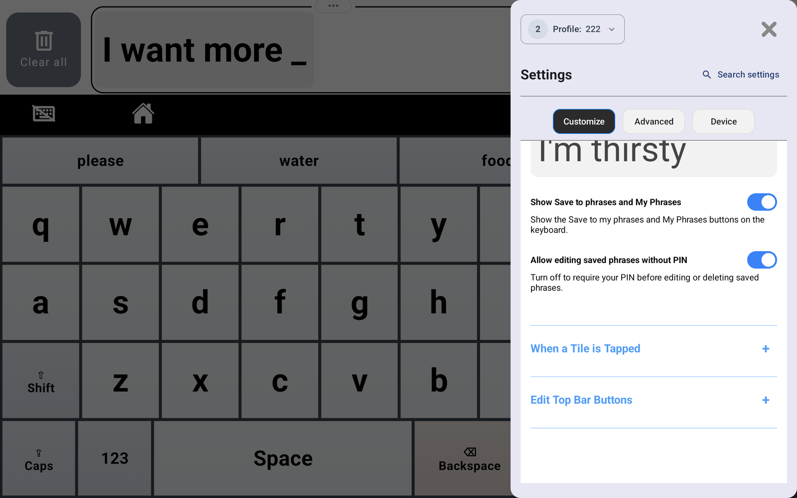 Keyboard settings for showing Save to phrases and My Phrases, and allowing editing of saved phrases without a PIN.