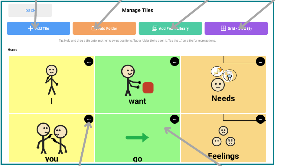 Manage Tiles screen showing Add Tile, Add Folder, Add From Library, Grid, and tile three-dot menus.