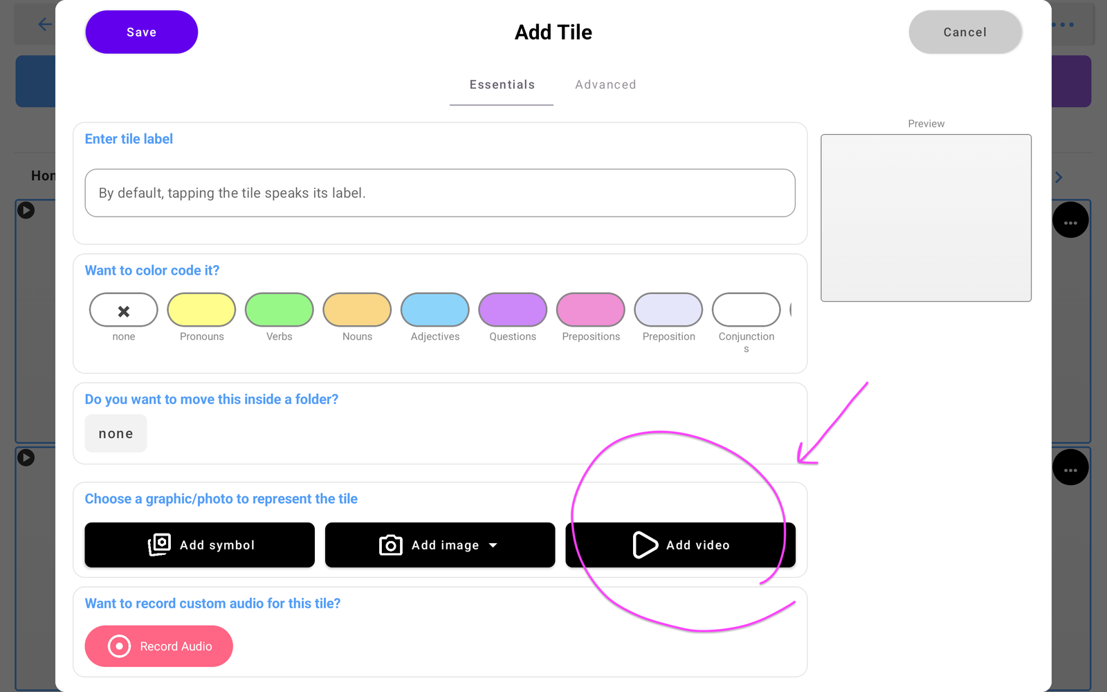 Add Tile screen with the Add video button circled.