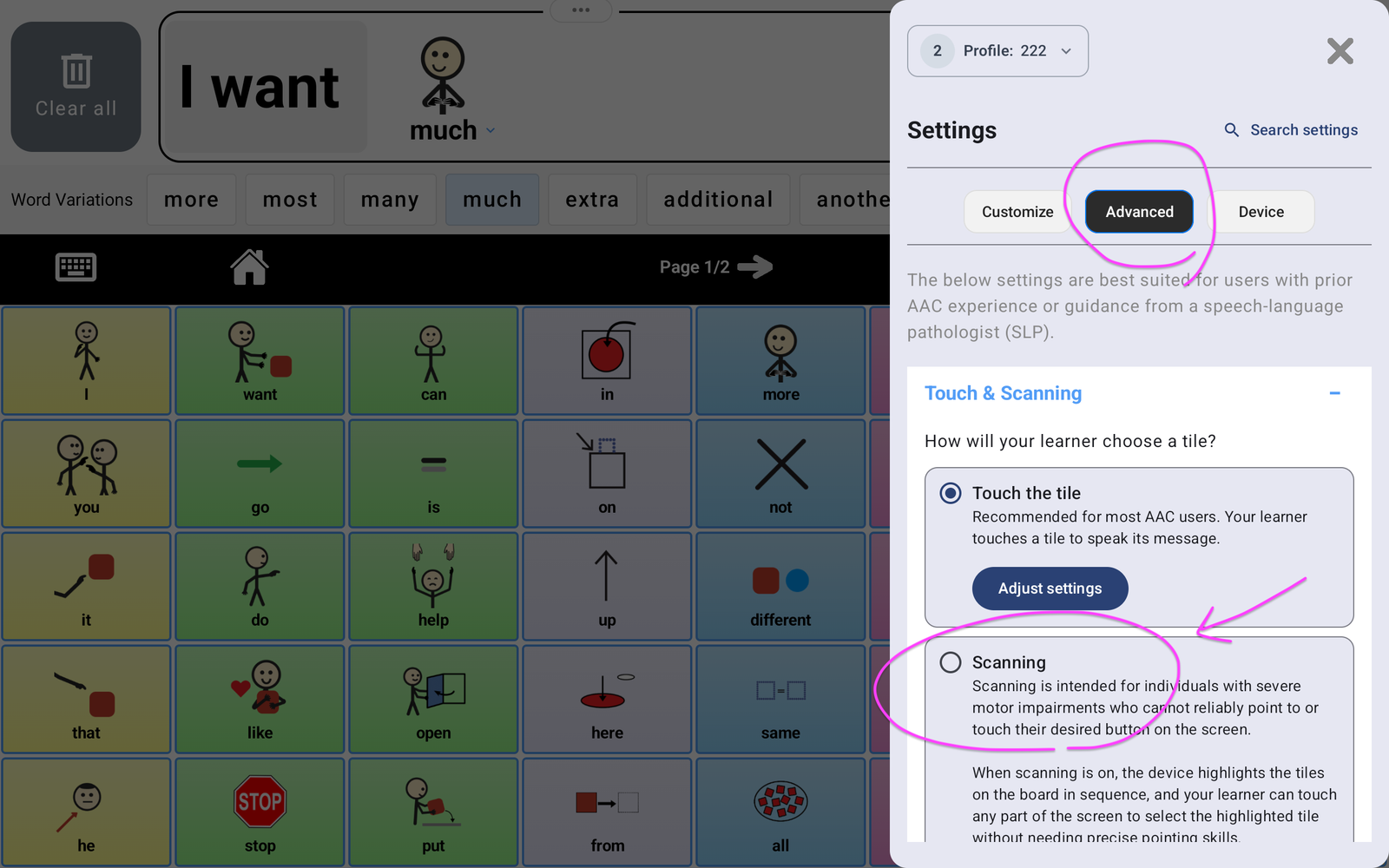Advanced settings with Touch & Scanning expanded and Scanning circled.