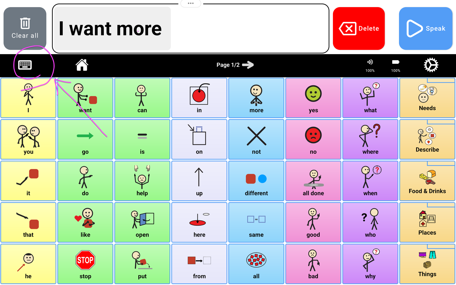 Keyboard icon circled at the left of the top bar on the TalkingTiles communication board.