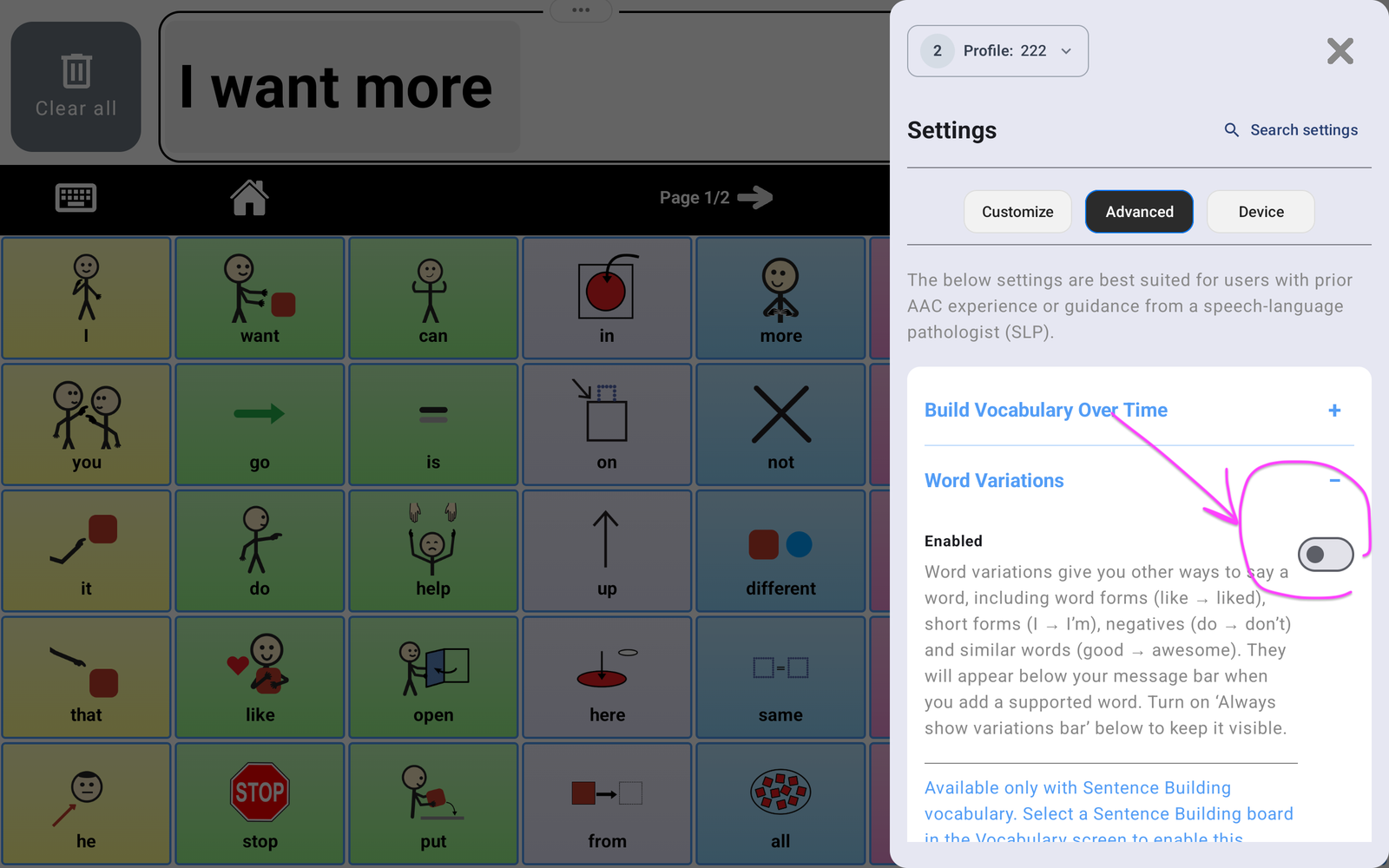 Expanded Word Variations settings with the Enabled switch circled.