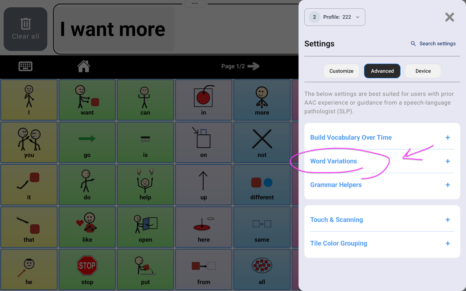 Advanced settings with Word Variations circled.