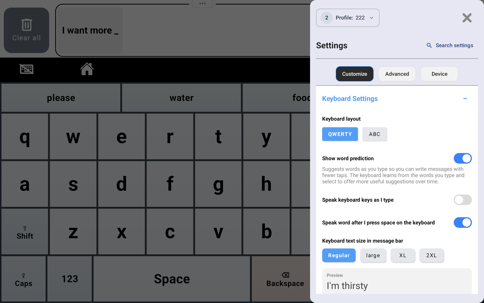 Keyboard Settings under Customize, showing QWERTY and ABC layout options, word prediction, spoken feedback, and Message Bar text sizes.