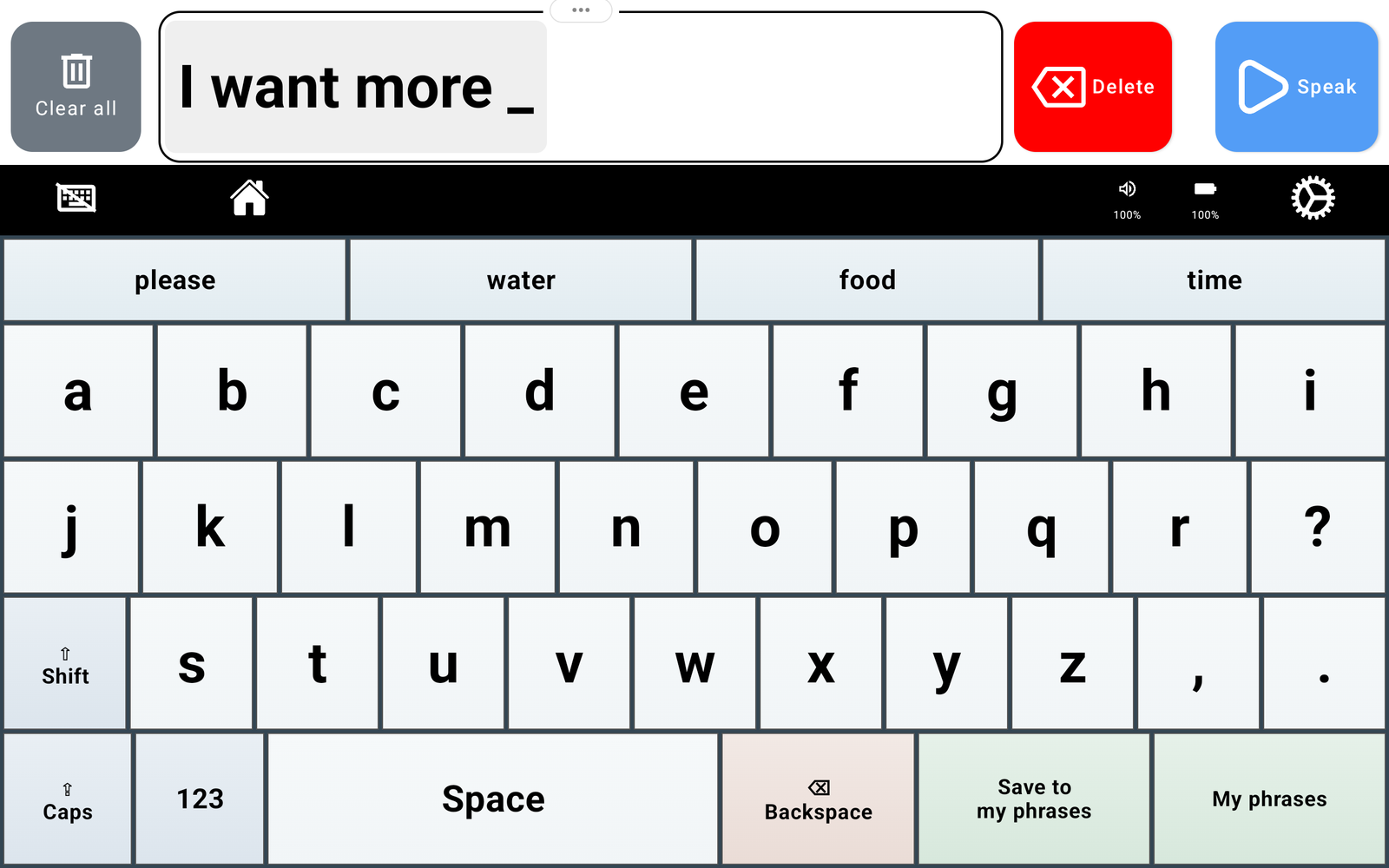 TalkingTiles ABC keyboard with word suggestions, the Message Bar, Speak, Save to my phrases, and My phrases.