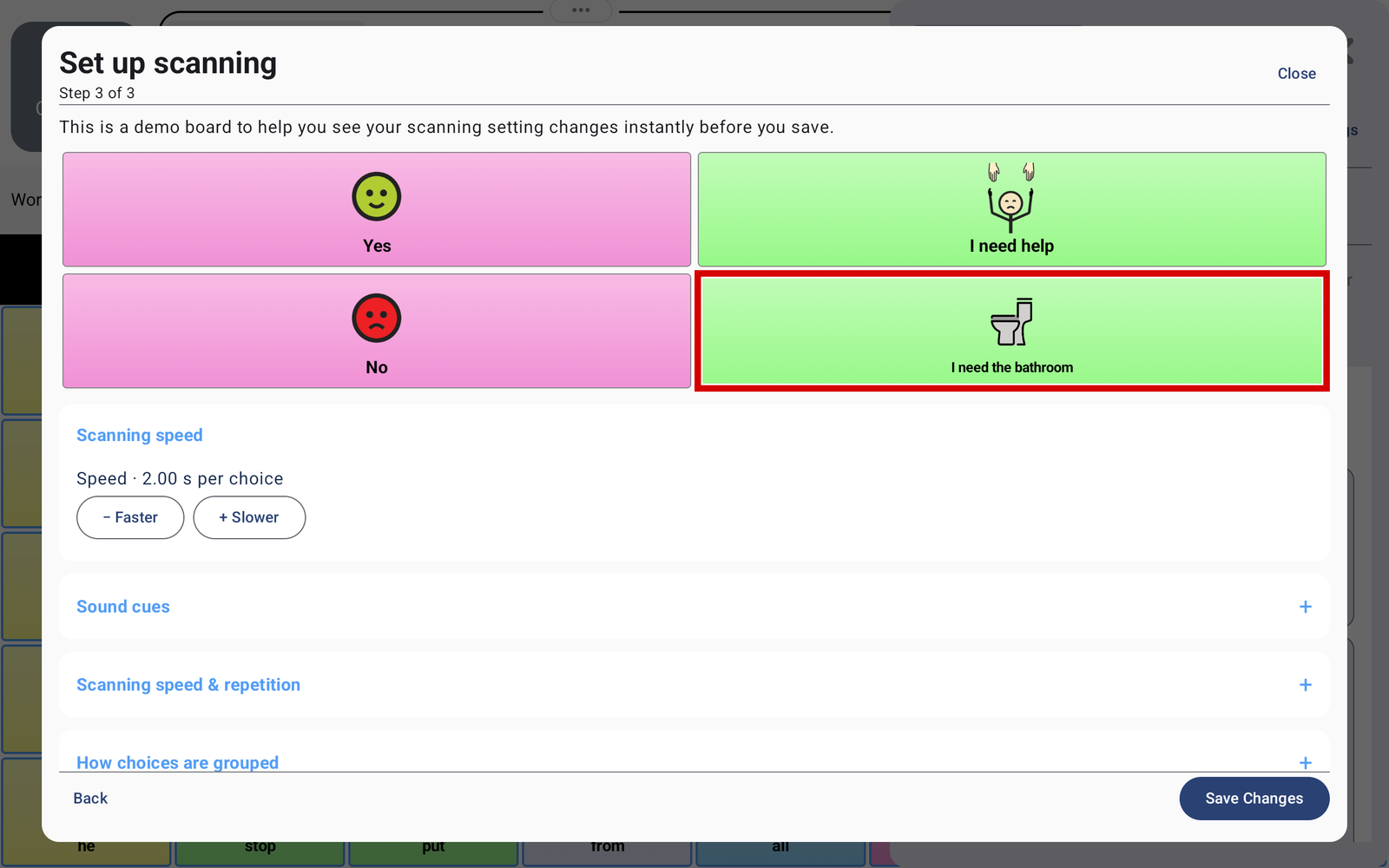 Scanning setup demo board with seconds per choice, Faster and Slower buttons, and expandable settings.