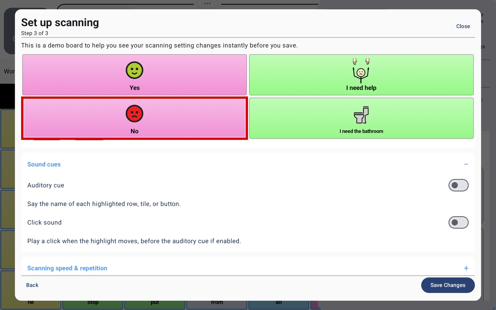 Sound cues settings showing Auditory cue and Click sound switches below the scanning demo board.