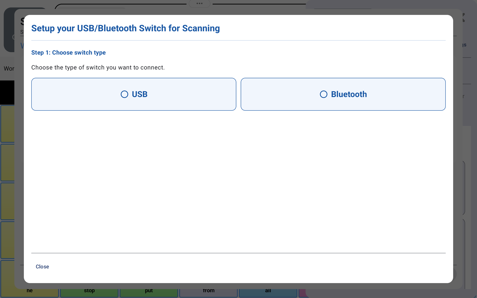 Switch setup window with USB and Bluetooth connection choices.